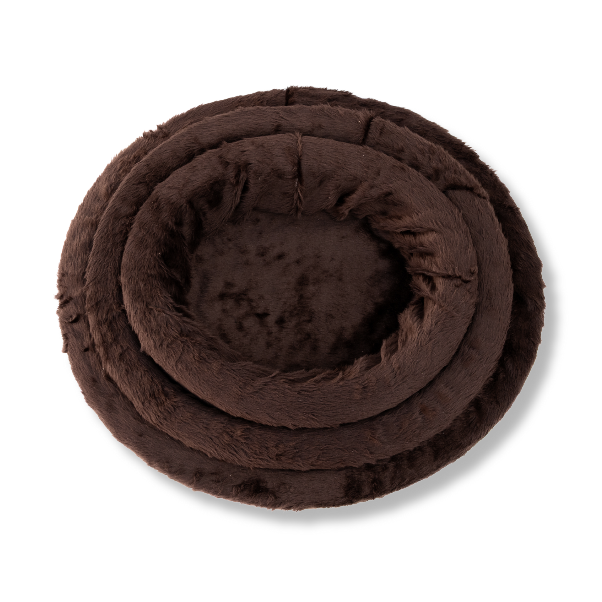 Napzzz ovale bontmand als set in bovenaanzicht. Stevige schuimrubberen kern voorzien van uitneembare en wasbare pluche imitatiebonten hoes. Verkrijgbaar van 40 tot wel 120cm. Geschikt van kitten tot zeer grote honden.