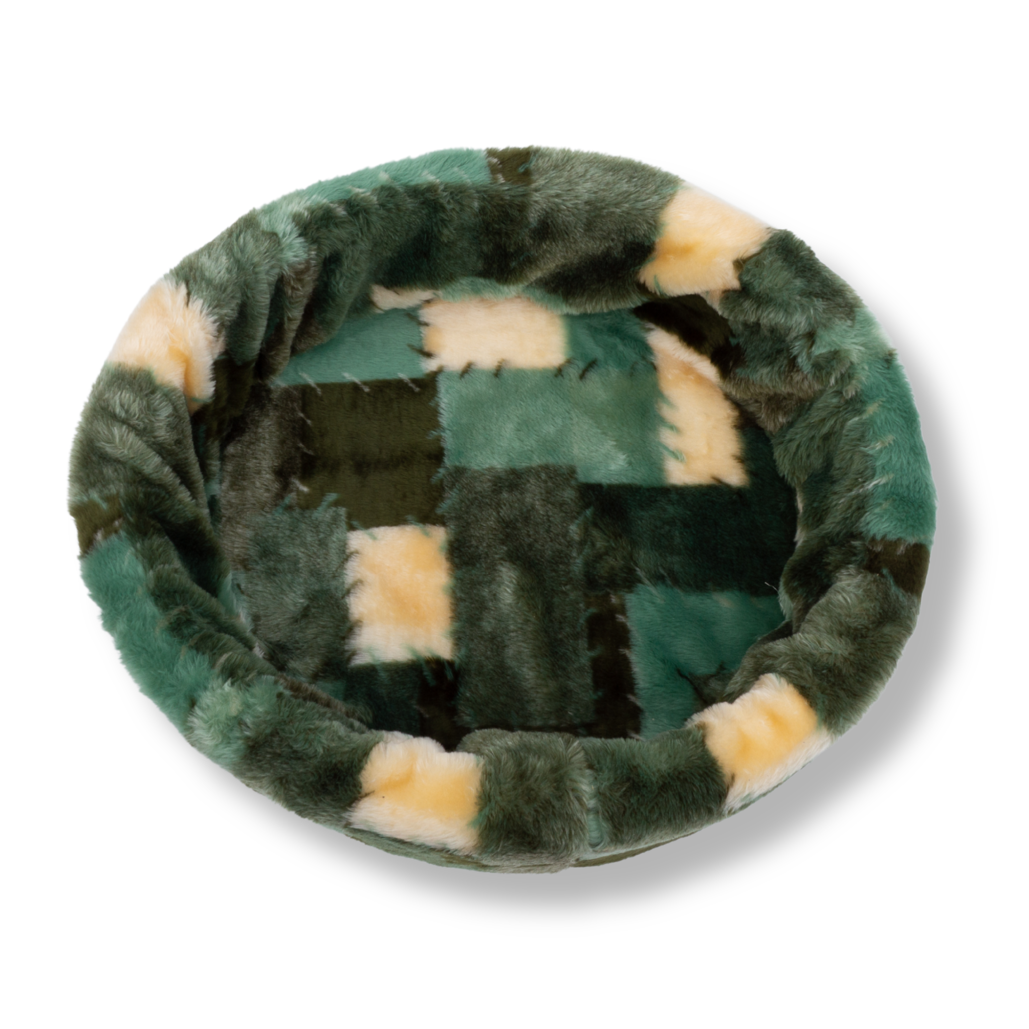 NapZZZ bontmand mixblok groen bovenaanzicht van het product. Stevige schuimrubberen kern met uitneembare hoes met plaid/lapjesdeken print in verschillende tinten groen en beige. Verkrijgbaar van 40 tot wel 120 cm. Voor kitten tot zeer grote honden.