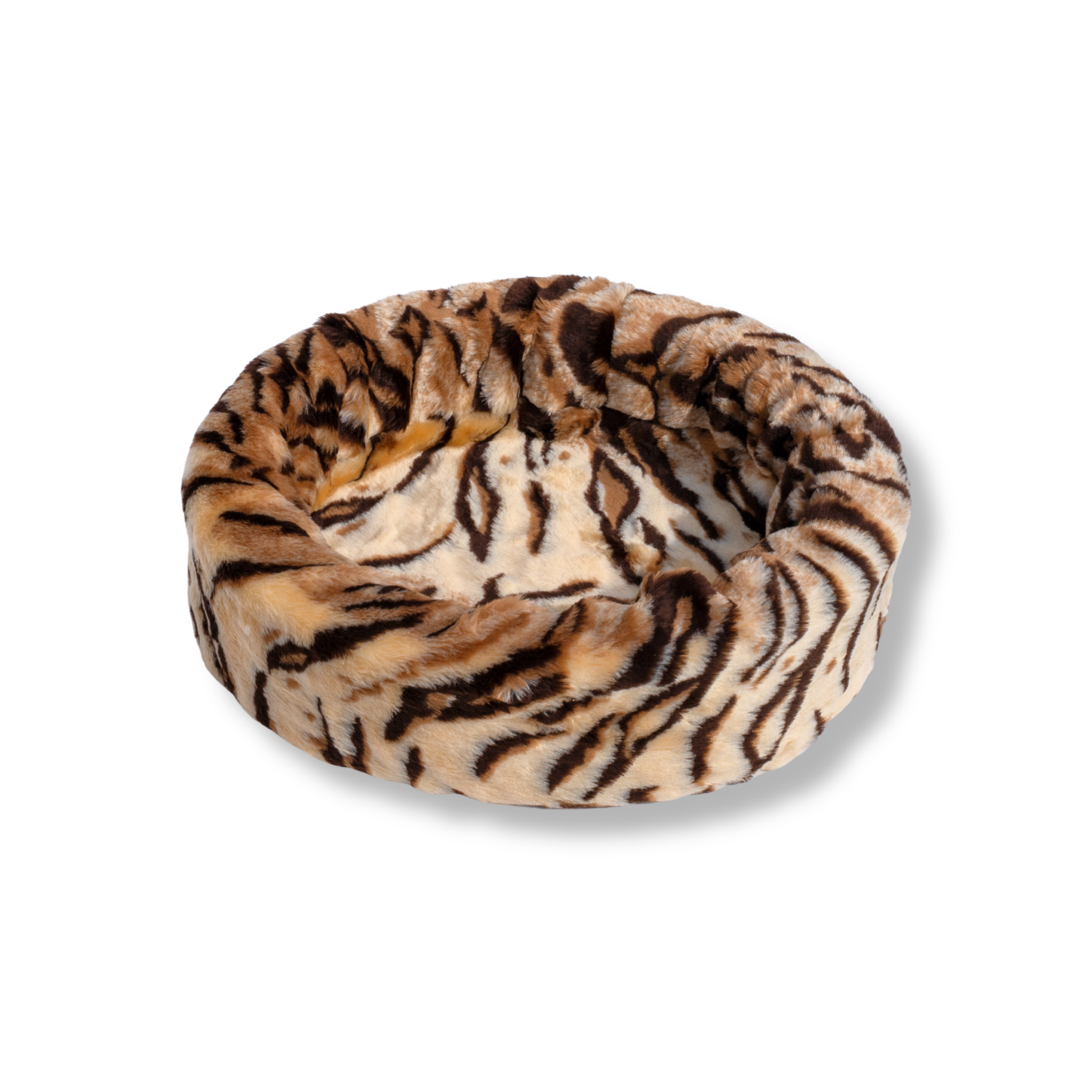 NapZZZ ovale bontmand in de kleur tijger beige, vooraanzicht van de mand, maat 40 cm. Verkrijgbaar van 40 tot wel 120cm. Geschikt van kitten tot zeer grote honden. Stevige schuimrubberen kern met uitneembare pluche/imitatiebonten hoes. Hoes is wasbaar.