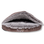 NapZZZ Cuddle Cave Eco Super Soft bruin – duurzame honden- en kattenmand van eco-pluche met vaste overkapping voor comfort