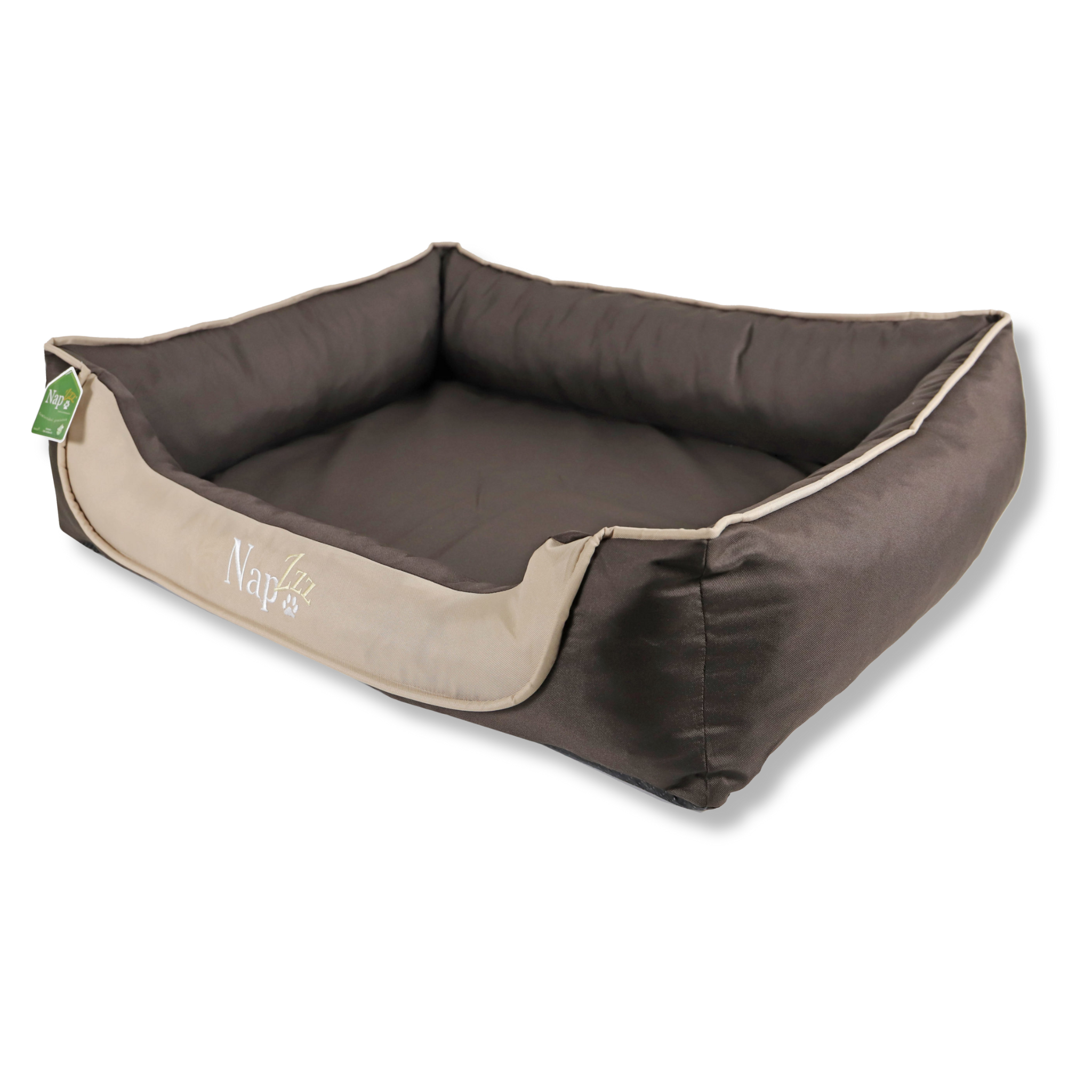 NapZZZ Hondenmand Divan Duo Bruin/Beige – zijaanzicht van luxe hondenmand met stevige opstaande randen en lage instap, praktisch en stijlvol