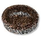 NapZZZ ovale honden- en kattenmand van imitatiebont, jaguarprint in beige en wit, zachte wasbare hoes