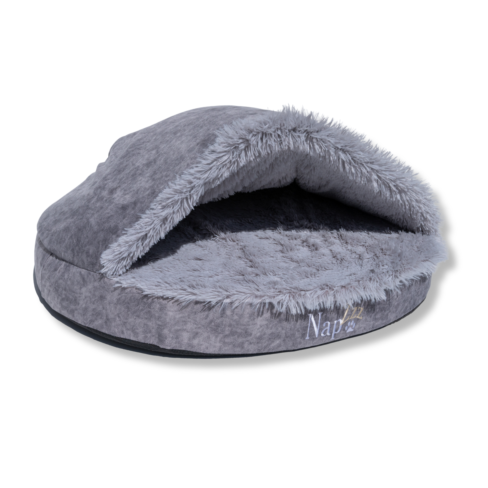 NapZZZ Cuddle Cave Eco Super Soft grijs – duurzame honden en kattenmand van gerecycled pluche met overkapping voor comfort en warmte- zijkant