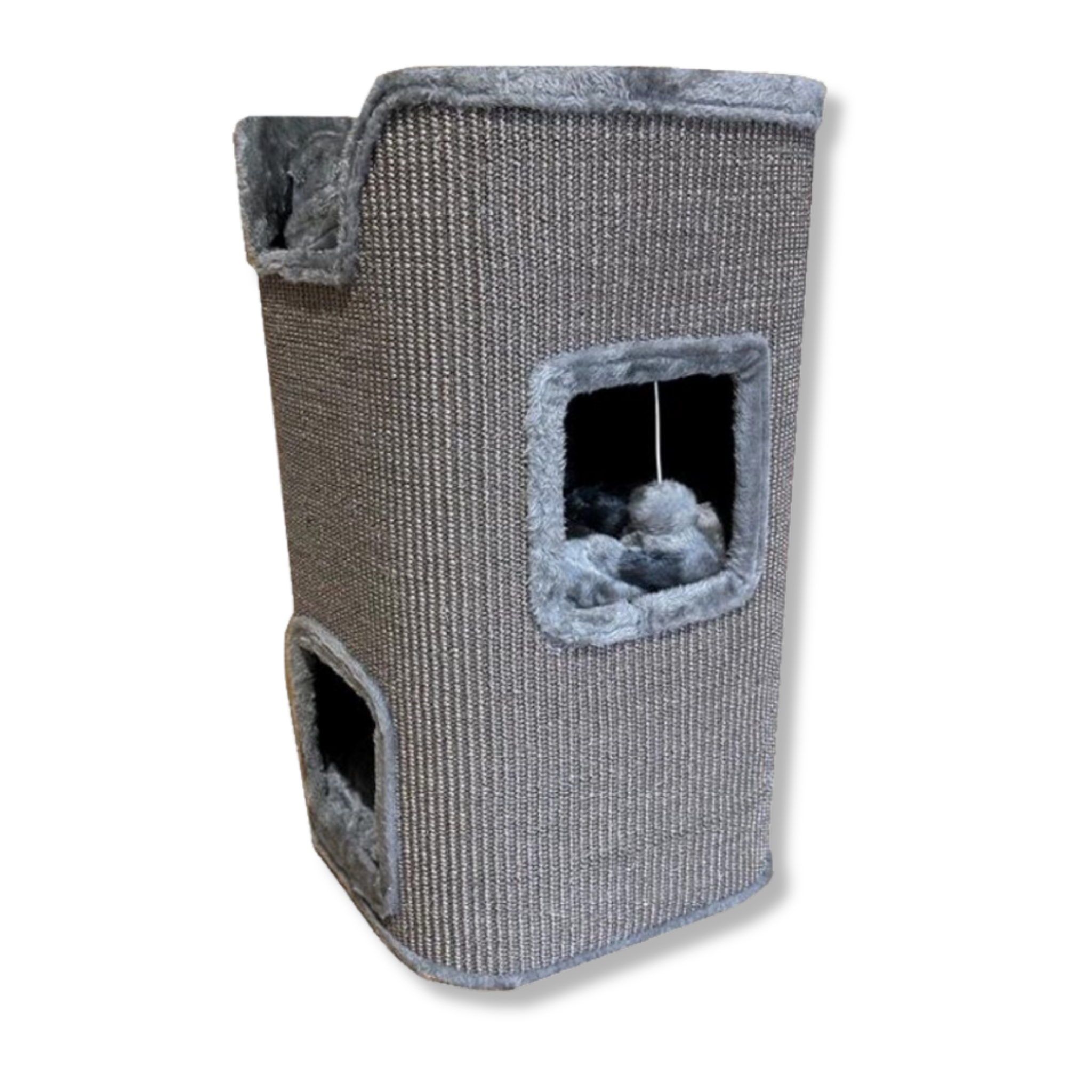 Napzzz katten krabpaal klimmeubel 2 gaats in de kleur grijs. Bekleed met sisal en binnenkant en ligplateau bovenop bekleed met zacht pluche stof. De krabpaal is voorzien van 2 openingen waarvan 1 opening met speeltje aan koord. Openingen en ligplateau voorzien van uitneembaar kussentje. 