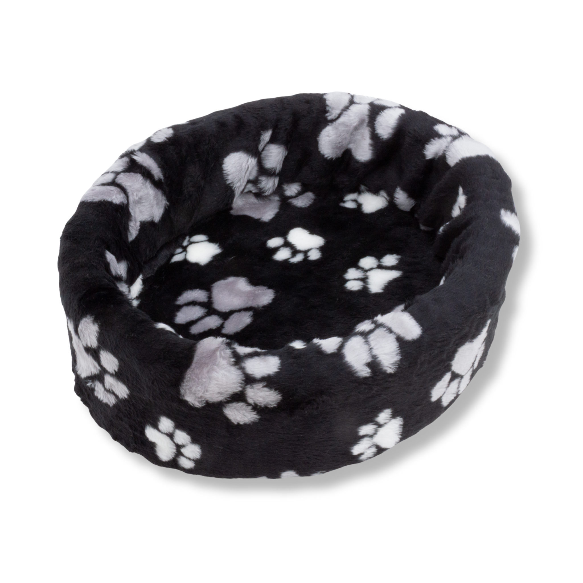 Napzzz ovale bontmand met pootprint in de kleur zwart, grijs en wit. Bevat stevige schuimrubberen kern en zacht imitatiebont pluche hoes. Hoes is eventueel wasbaar op lage temperatuur. 