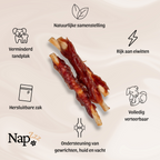 Afbeelding van Napzzz Collageen Bar met eend, losse sticks met productvoordelen ernaast: 71,3% eend, 22% collageen, ondersteunt gewrichten, huid en vacht, geschikt vanaf 4 maanden.
