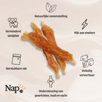 Afbeelding van Napzzz Collageen Bar met kip, losse opgestapelde sticks met productvoordelen ernaast: 65,8% kip, 22% collageen, ondersteunt gewrichten, huid en vacht, geschikt vanaf 4 maanden.