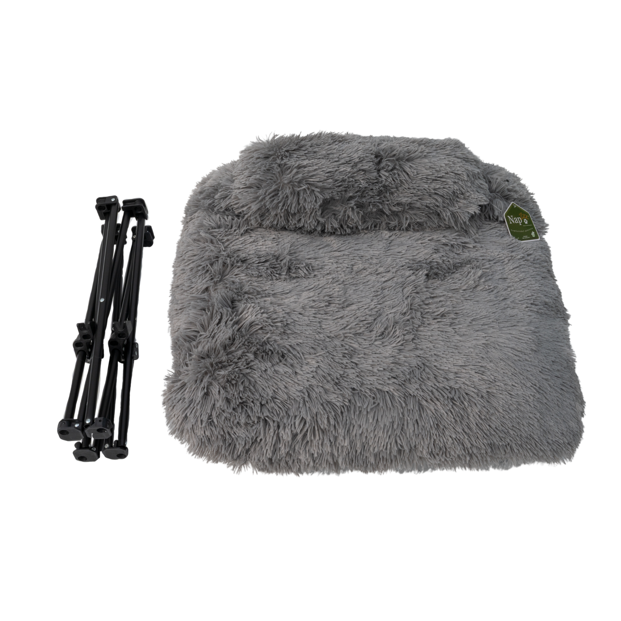 Napzzz huisdier ligstoel fuzzle met kussen in vooraanzicht op witte achtergrond. Metalen frame ingeklapt en los ligkussen apart afgebeeld. Geschikt voor kat en kleinere honden. Metalen inklapaar frame met antislip punten en afneembaar langharig pluche ligkussen met extra hoofdkussentje.