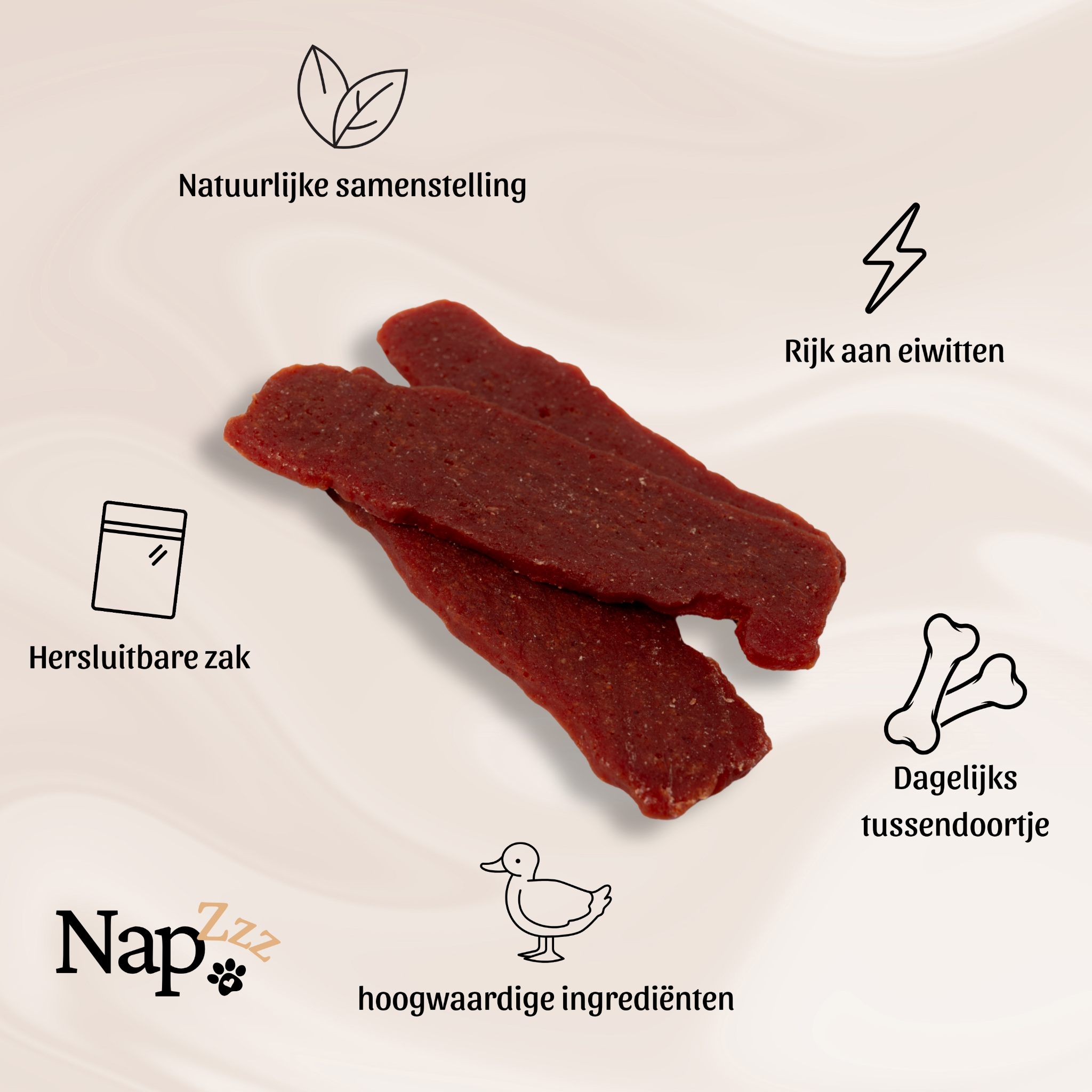 Afbeelding van NapZZZ Eend Jerky hondensnack, losse stukjes jerky met productvoordelen ernaast: 45% eend, rijk aan eiwitten, zonder toevoegingen, ideaal als tussendoortje of beloning, geschikt vanaf 4 maanden.
