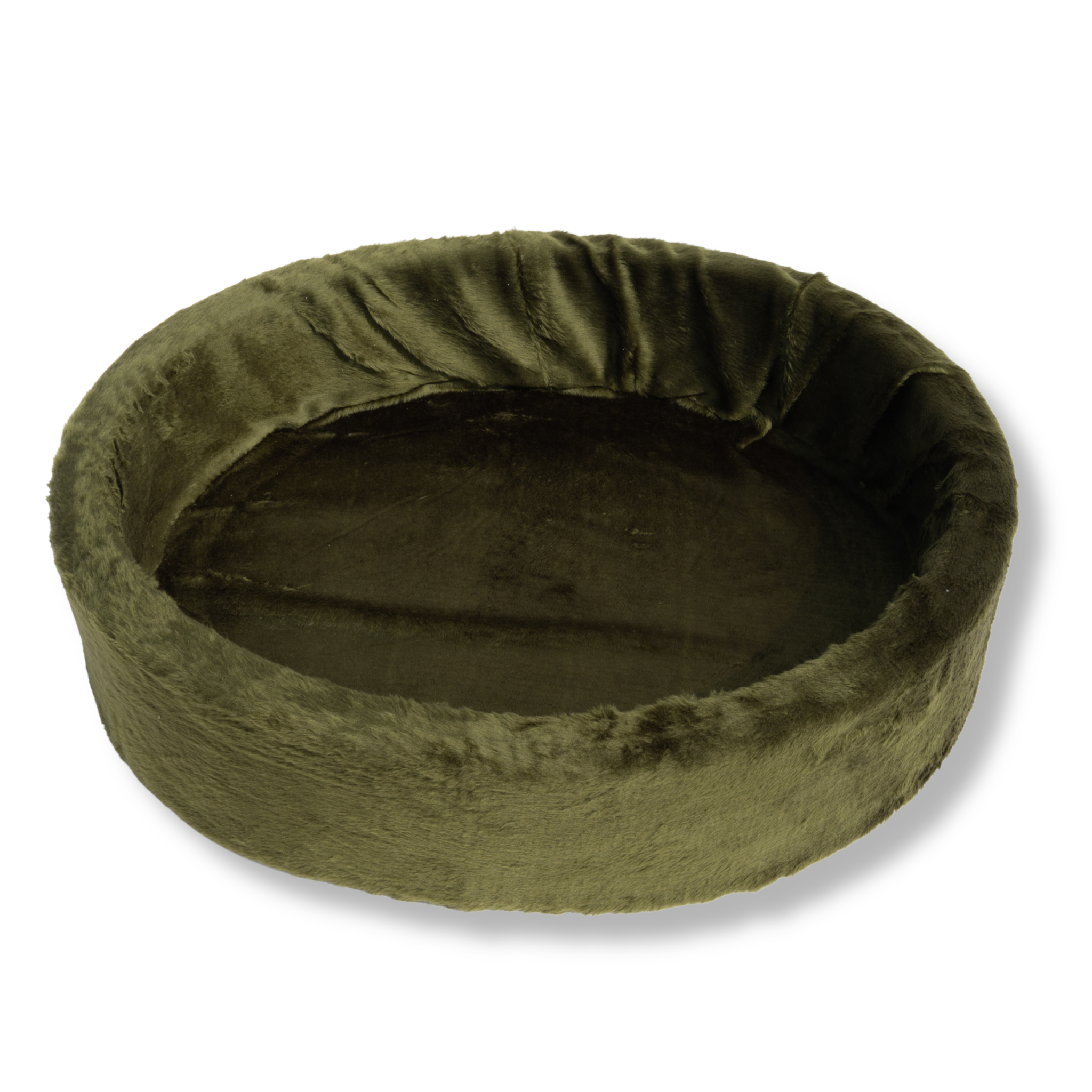 Bontmand Napzzz in de kleur donker groen, foto gemaakt vanaf de voorkant, mand voor hond en kat, mand in maat 80 cm voor een groter hondenras. Verkrijgbaar van 40 tot wel 120cm. Geschikt van kitten tot zeer grote hond. Stevige schuimrubberen kern met uitneembare en wasbare pluche imitatiebonten hoes. 