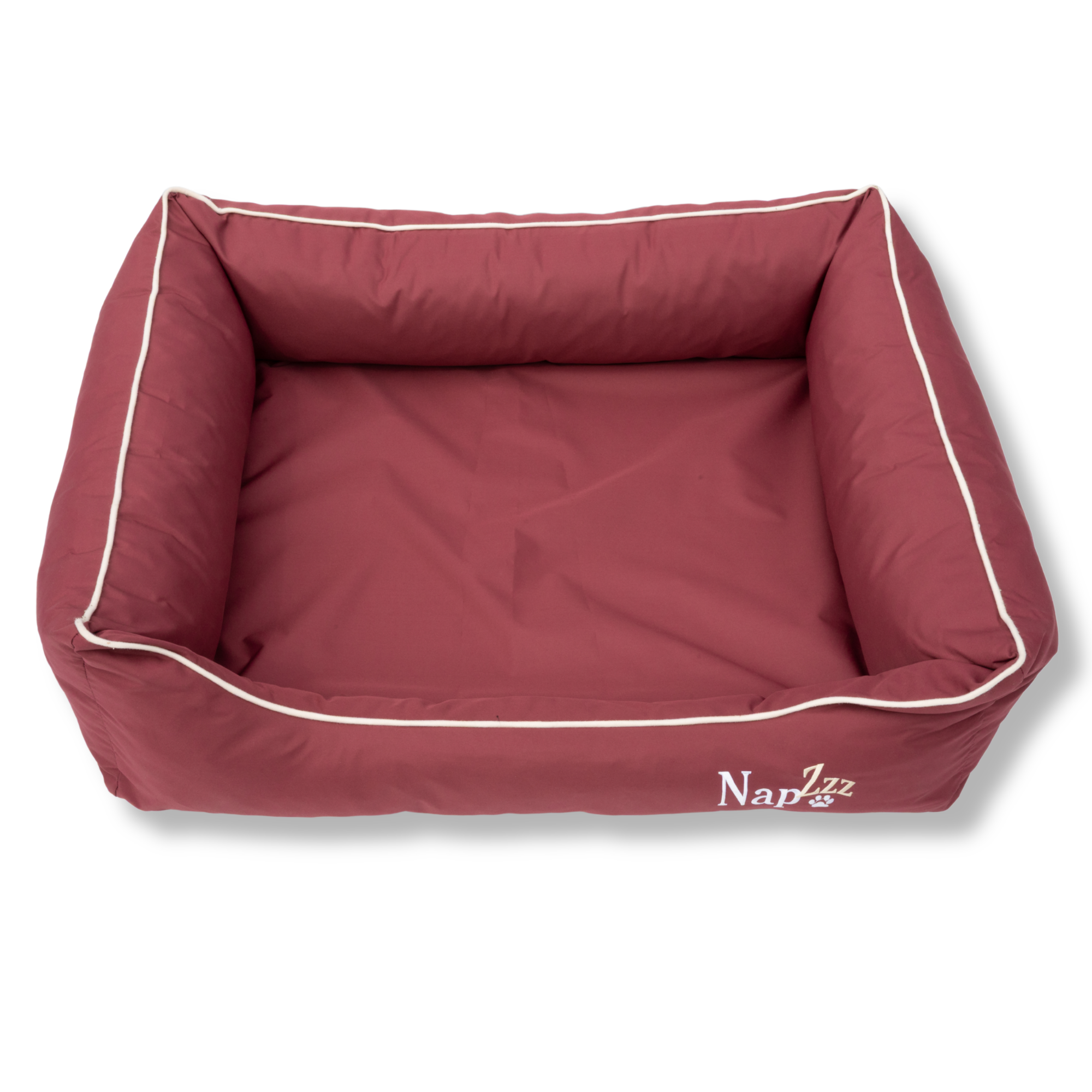Napzzz hondenmand divan waterafstotend oxford bordeauxrood in bovenaanzicht op witte achtergrond. Luxe zeer stevig gevulde hondenmand. Gevuld met schuimvlok en schuimrubber ligmatras. Ligmatras uitneembaar en mand is geheel voorzien van ritssluiting. Mooi afgewerkt en in diverse maten en kleuren verkrijgbaar
