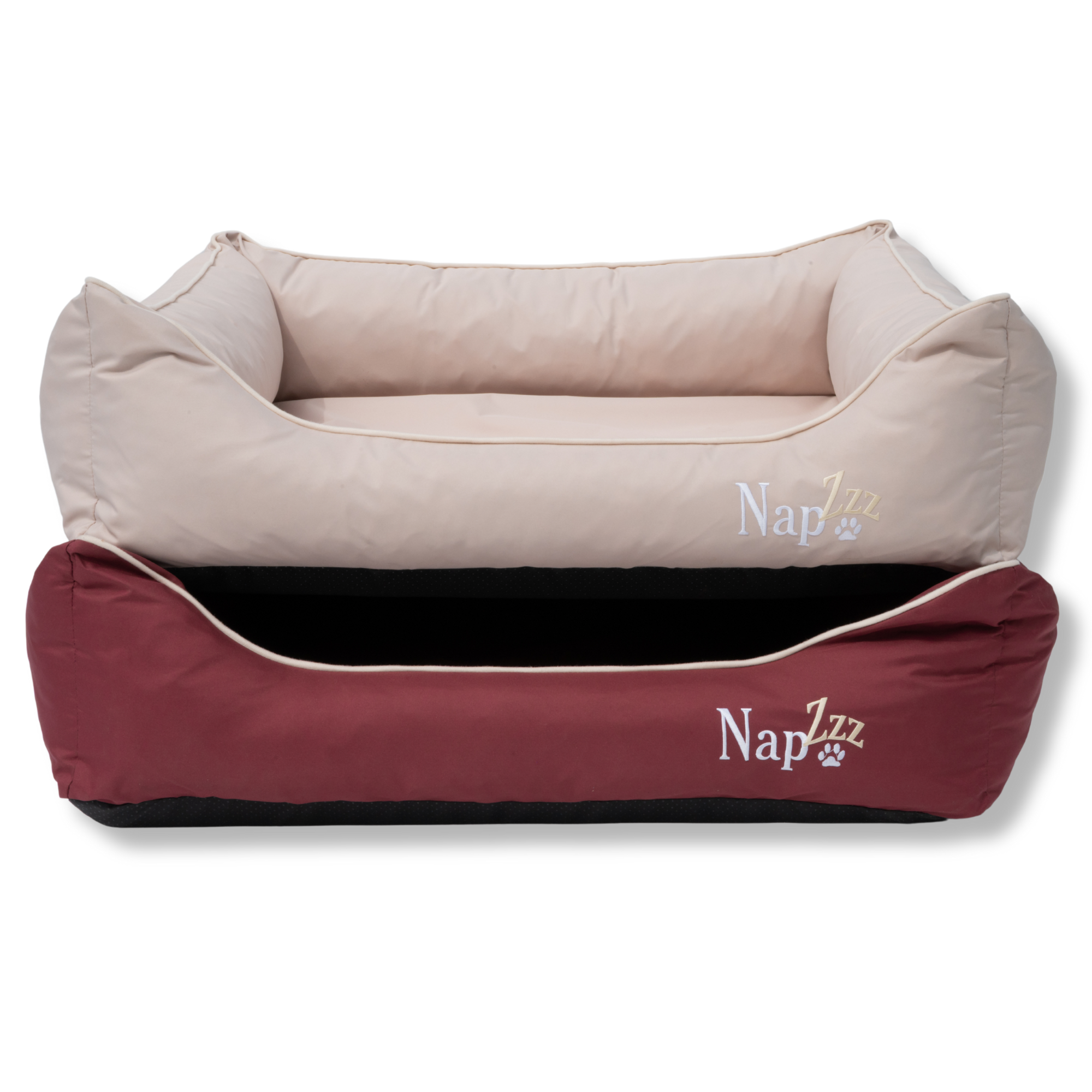 Napzzz hondenmand divan waterafstotend oxford bordeauxrood en creme in vooraanzicht op witte achtergrond. Luxe zeer stevig gevulde hondenmand. Gevuld met schuimvlok en schuimrubber ligmatras. Ligmatras uitneembaar en mand is geheel voorzien van ritssluiting. Mooi afgewerkt en in diverse maten en kleuren verkrijgbaar