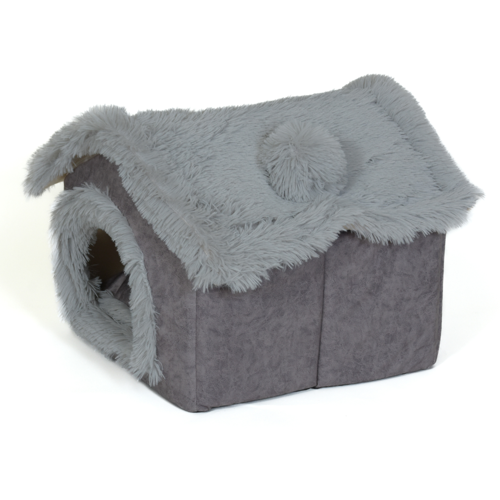 NapZZZ Eco Honden- en Kattenhuis Grijs – duurzaam eco-leer huisje met afritsbaar dak en stijlvol design