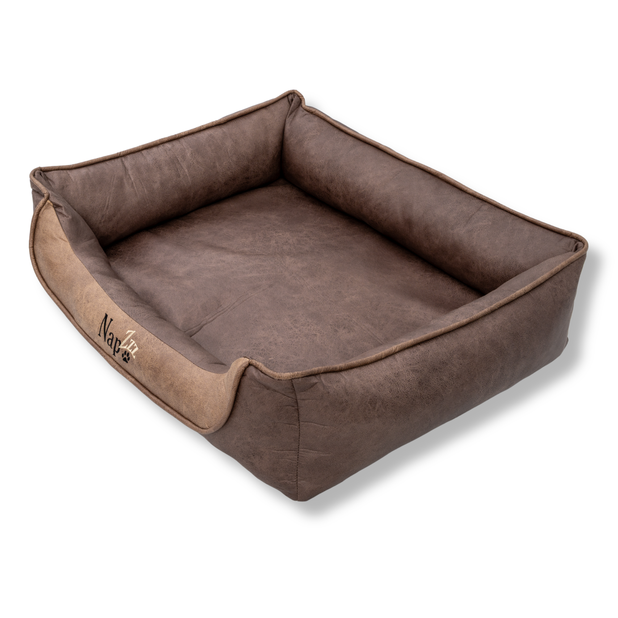 Napzzz Divan hondenmand leatherlook duo in zijaanzicht op witte achtergrond. Stevige gevulde randen met schuimrubberen vlok en uitneembaar ligmatras. Luxe afgewerkt met biesrand en napzzz logo. In diverse maten verkrijgbaar