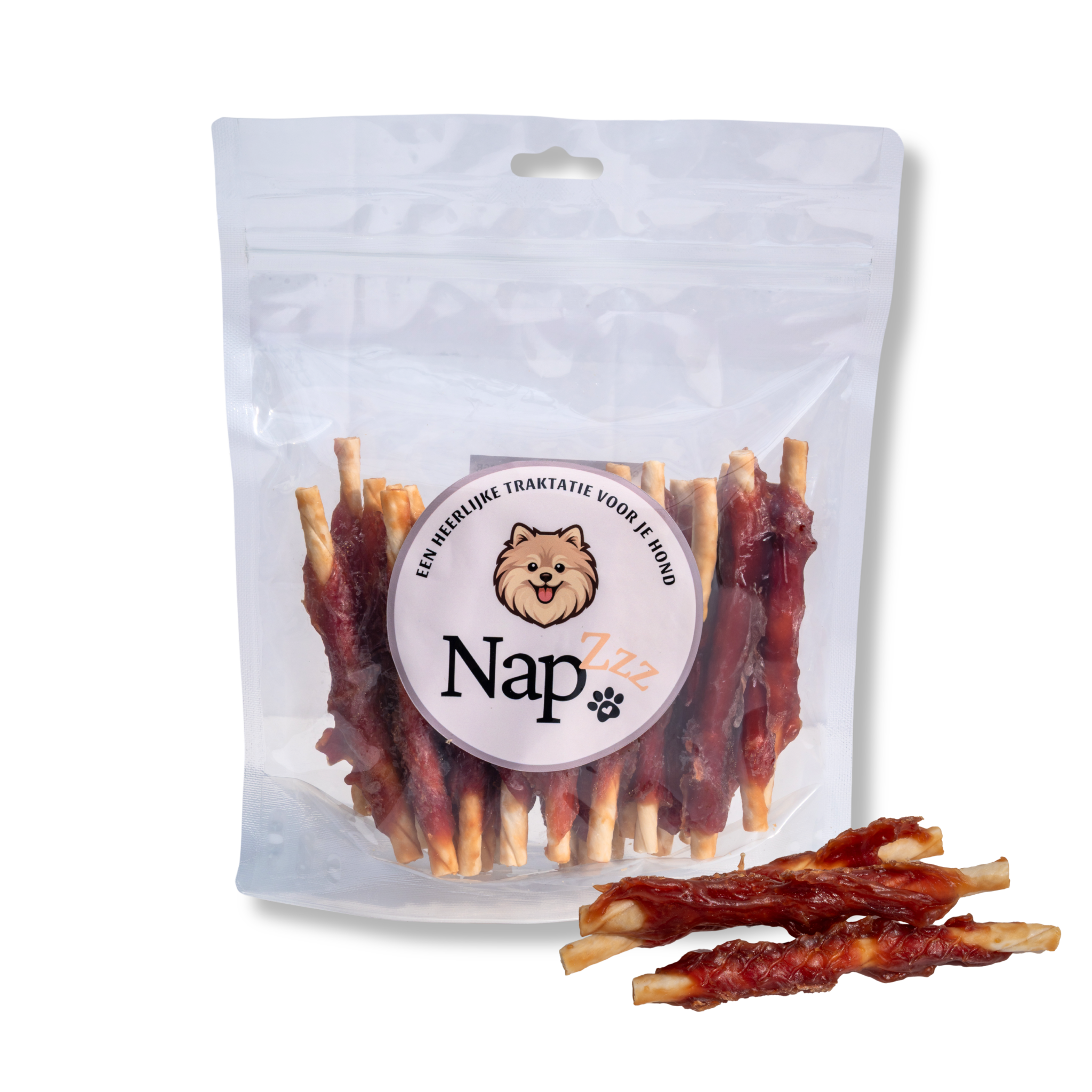 Zak Napzzz hondensnacks met collageen sticks omhuld met eend, inhoud zichtbaar voor het zakje. Gezonde hondensnack met meerdere sticks in doorzichtig verpakking.