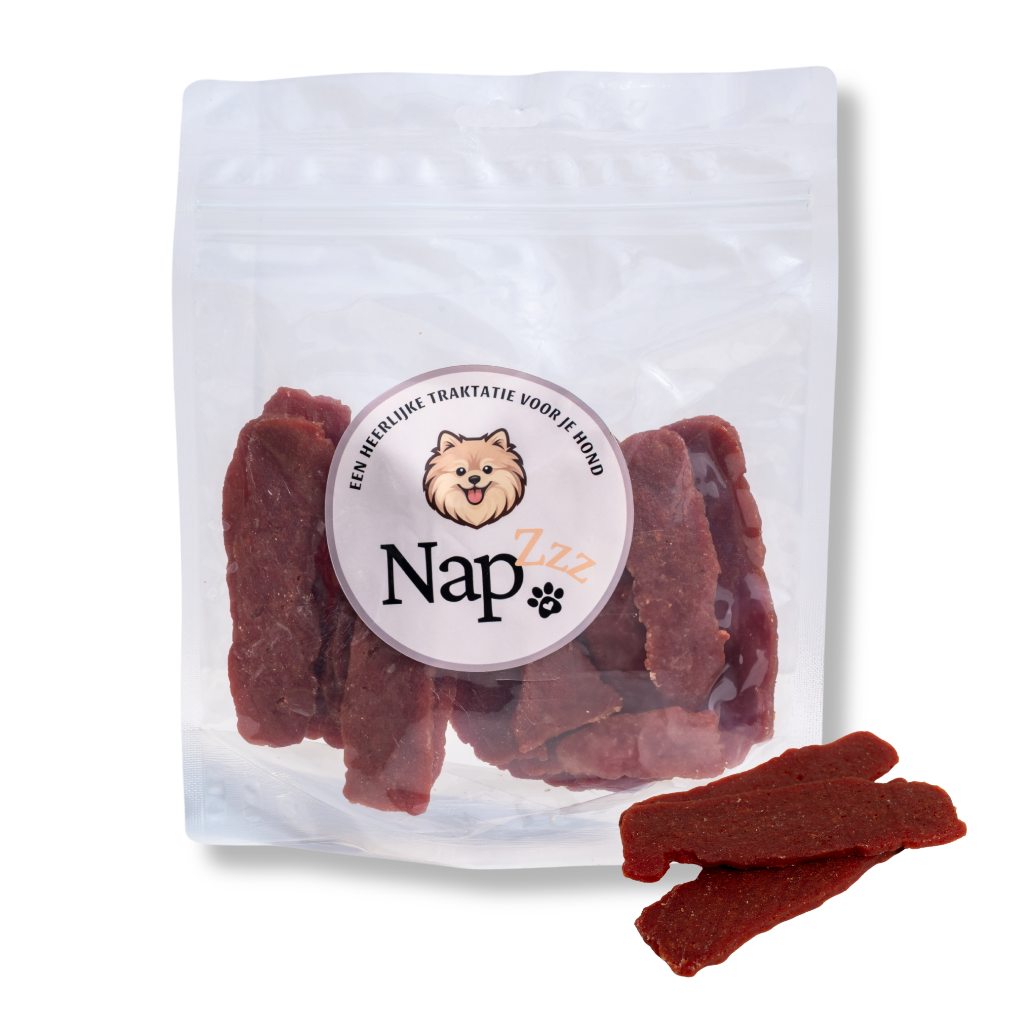 Napzzz hondensnack eend jerky, open verpakking met zichtbare stukjes gedroogde eend, eiwitrijke hondensnack 300g
