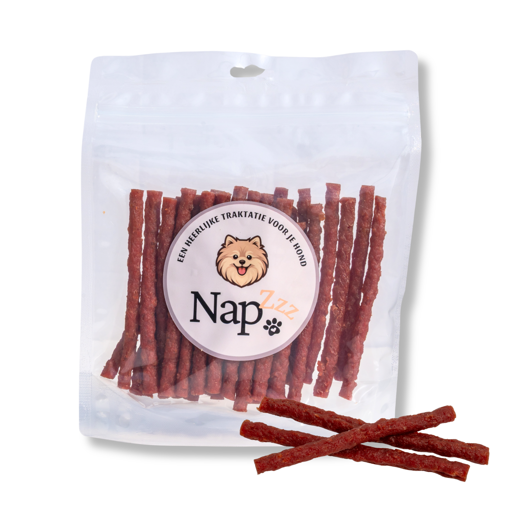 NapZZZ Eend sticks hondensnacks sticks omwikkeld met eend zichtbaar in doorzichtige verpakking met napzzz sticker en voor de verpakking op elkaar gestapeld, een gezonde en voedzame traktatie voor honden.