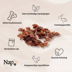 Afbeelding van NapZZZ hondensnack met productvoordelen: gemaakt van natuurlijke ingrediënten, rijk aan eiwitten, geschikt als dagelijkse traktatie of beloning, zonder toevoegingen, hersluitbare verpakking, 3 zakjes 350g.