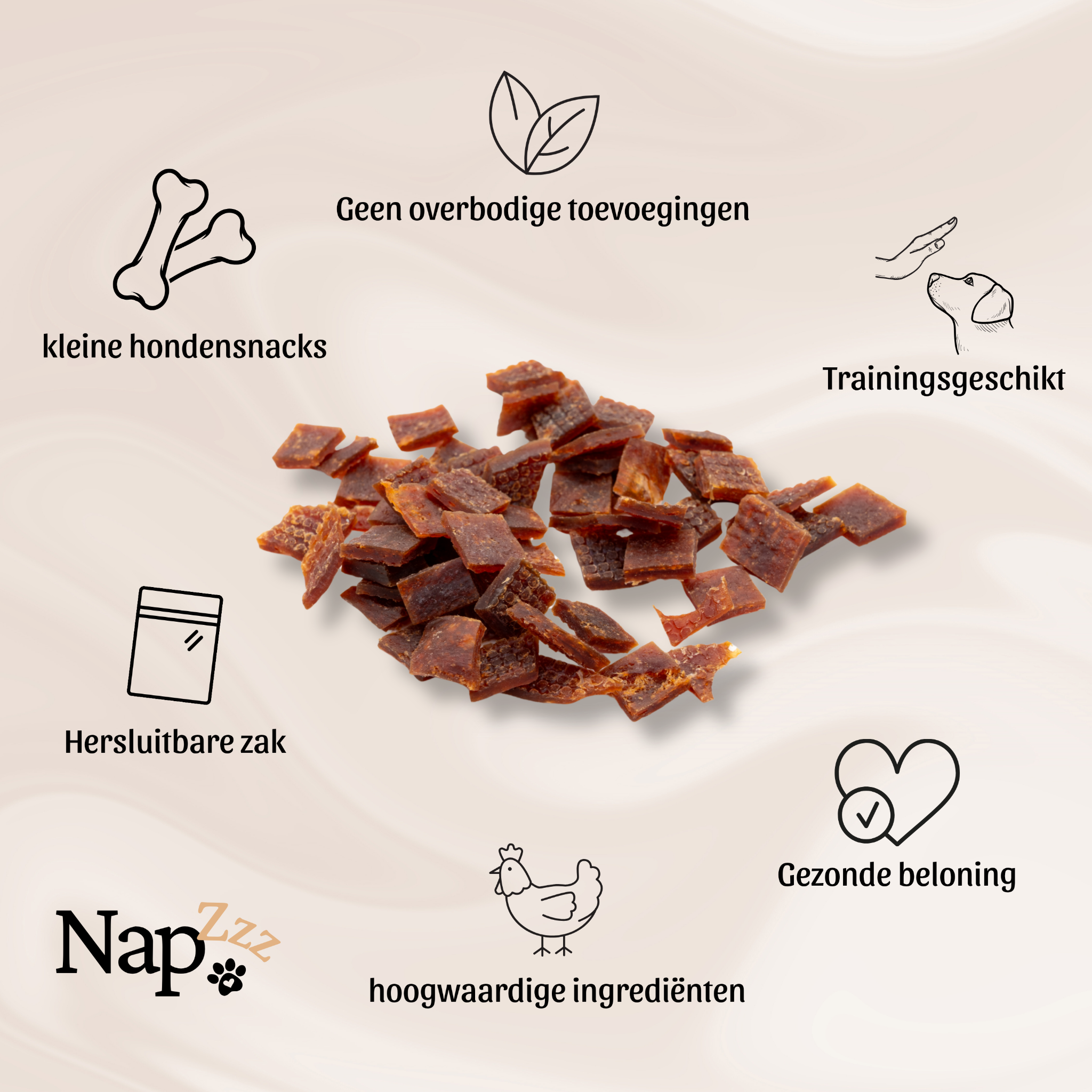 Afbeelding van NapZZZ hondensnack met productvoordelen: gemaakt van natuurlijke ingrediënten, rijk aan eiwitten, geschikt als dagelijkse traktatie of beloning, zonder toevoegingen, hersluitbare verpakking, 3 zakjes 350g.