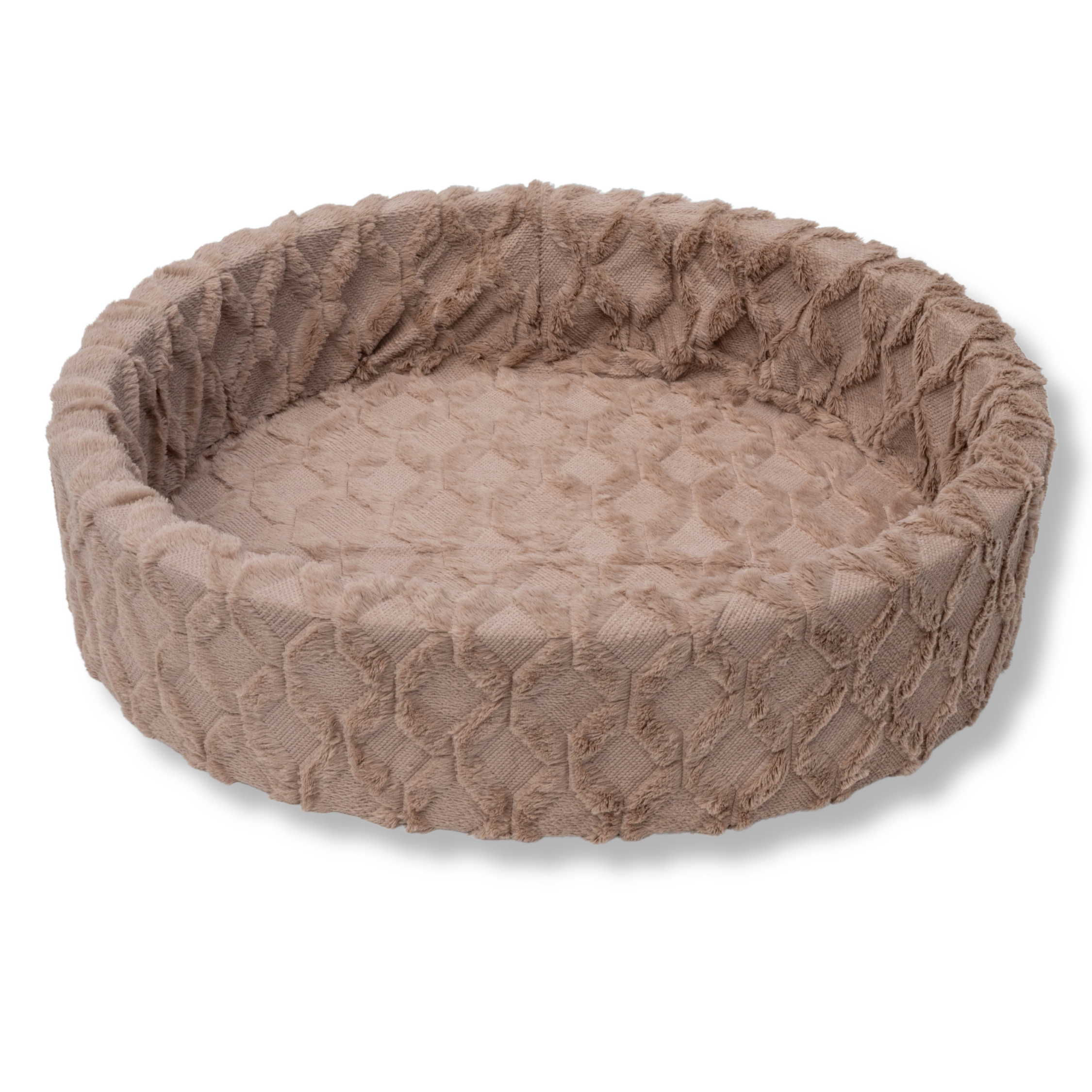 Napzzz bontmand met een kriskros patroon in de kleur bruin, vooraanzicht, voor katten en honden, dit is een grote mand, afneembare hoes