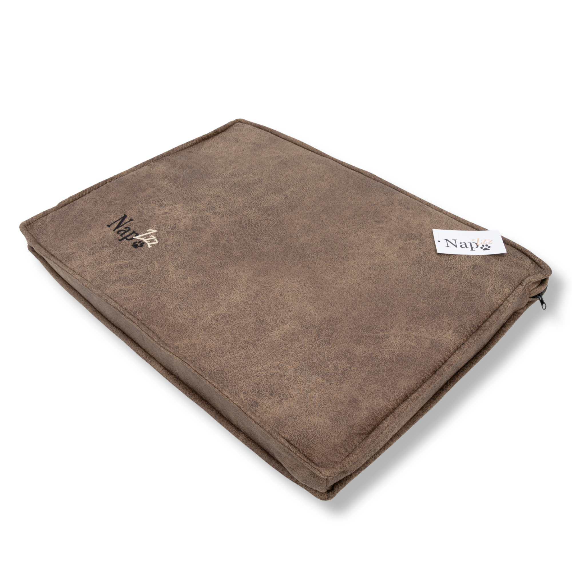Napzzz benchkussen lederlook in zijaanzicht. Zachte stof met ritssluiting en napzzz logo. In diverse maten verkrijgbaar geschikt voor hondenbenches en draadkooien.