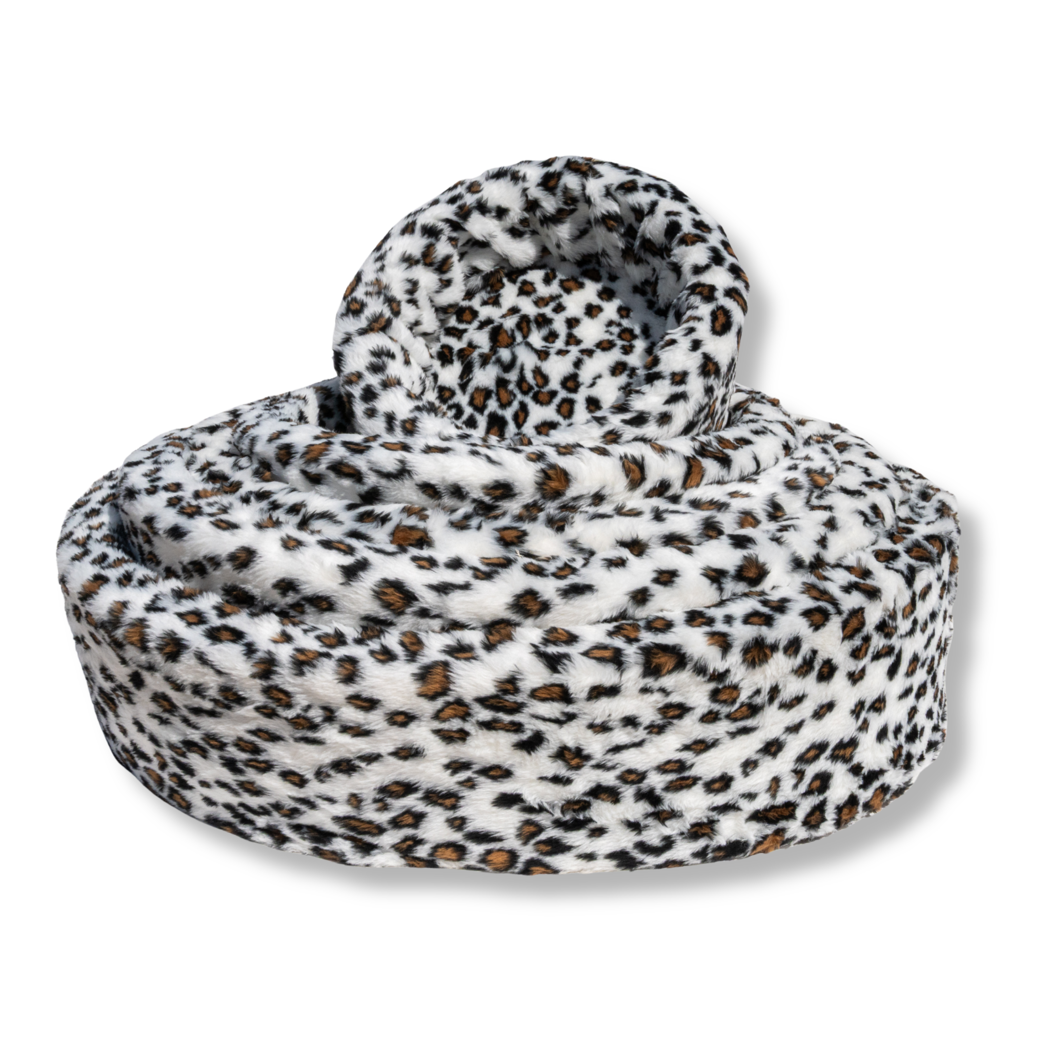 NapZZZ ovale honden- en kattenmand van imitatiebont, sneeuwluipaardprint in het wit, zachte wasbare hoes. Stevige schuimrubberen kern. Verkrijgbaar van 40 tot wel 120cm. Van kitten tot zeer grote honden beschikbaar. In leuke sneeuwluipaard dierenprint.