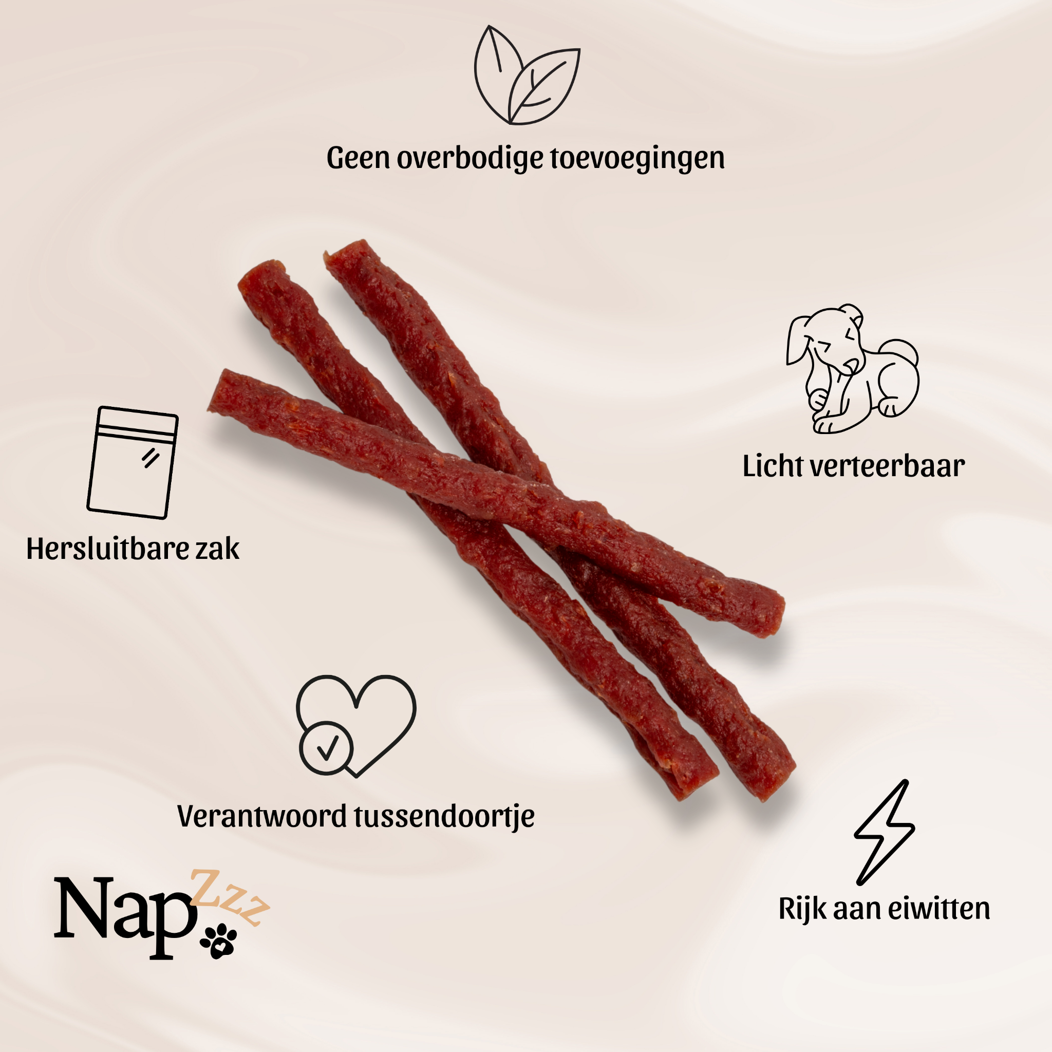 Voorbeeld van NapZZZ Eendstick hondensnacks, inhoud zichtbaar naast het zakje met tekst over de voordelen en gezonde eigenschappen voor honden