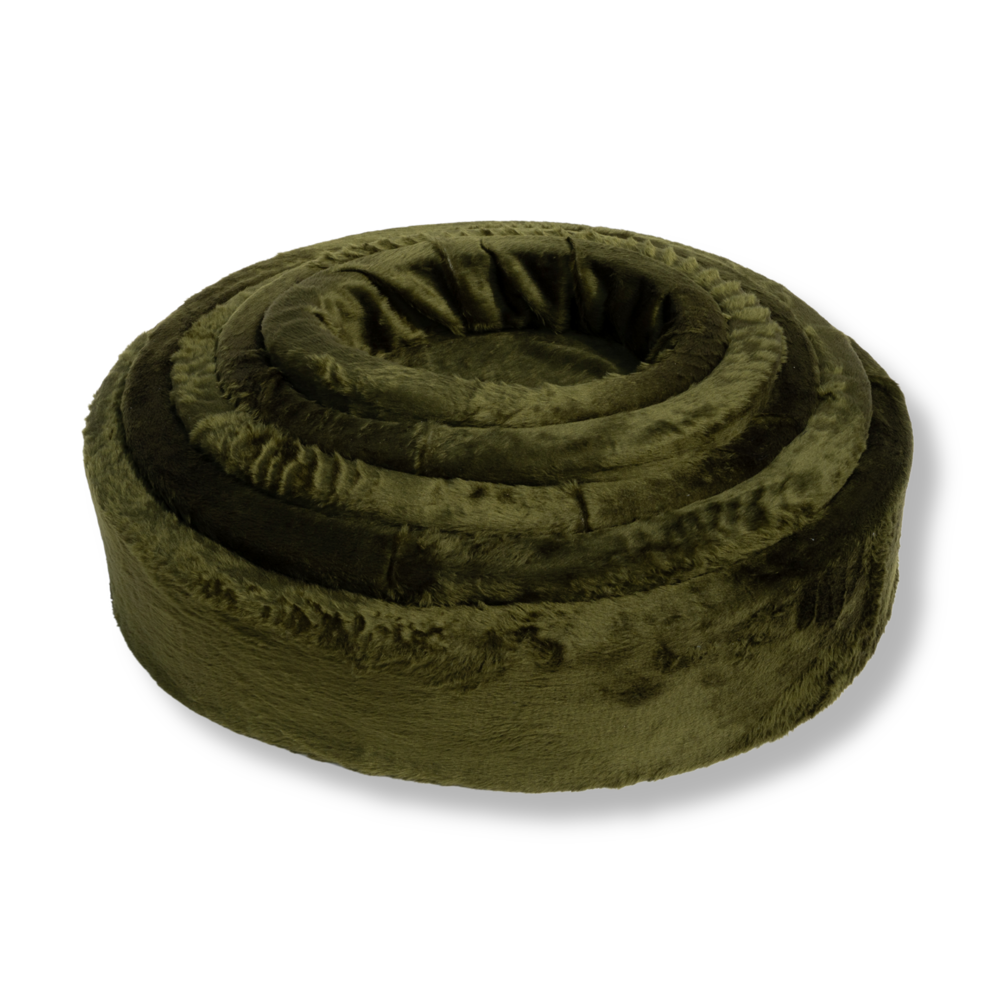 Napzzz bontmanden in de kleur donker groen, 5 maten op elkaar gestapeld, ovale vorm, imitatiebont. Verkrijgbaar van 40 tot wel 120cm. Geschikt van kitten tot zeer grote hond. Stevige schuimrubberen kern met uitneembare en wasbare pluche imitatiebonten hoes. 