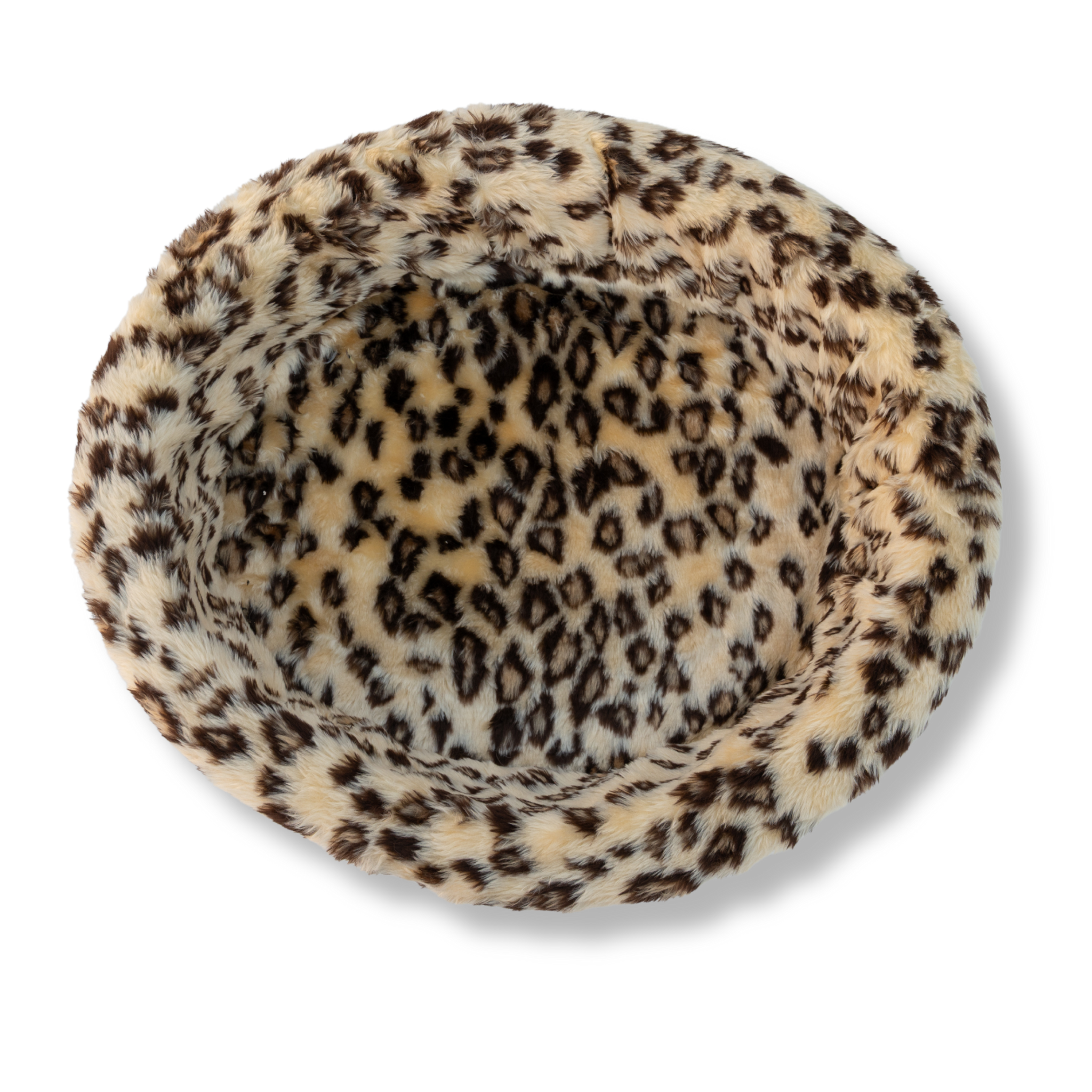 Napzzz ovale mand van bovenaf gezien dat verkrijgbaar is van 40cm tot wel 120 cm. Geschikt van kitten tot zeer grote honden. De kern is gemaakt van stevig schuimrubber en de hoes is gemaakt van zachte pluche imitatiebont met een hippe luipaard dierenprint in beige kleur. De hoes is verwijderbaar van de kern en dus wasbaar op maximaal 30 graden. De opstaande rand biedt extra steun en comfort.