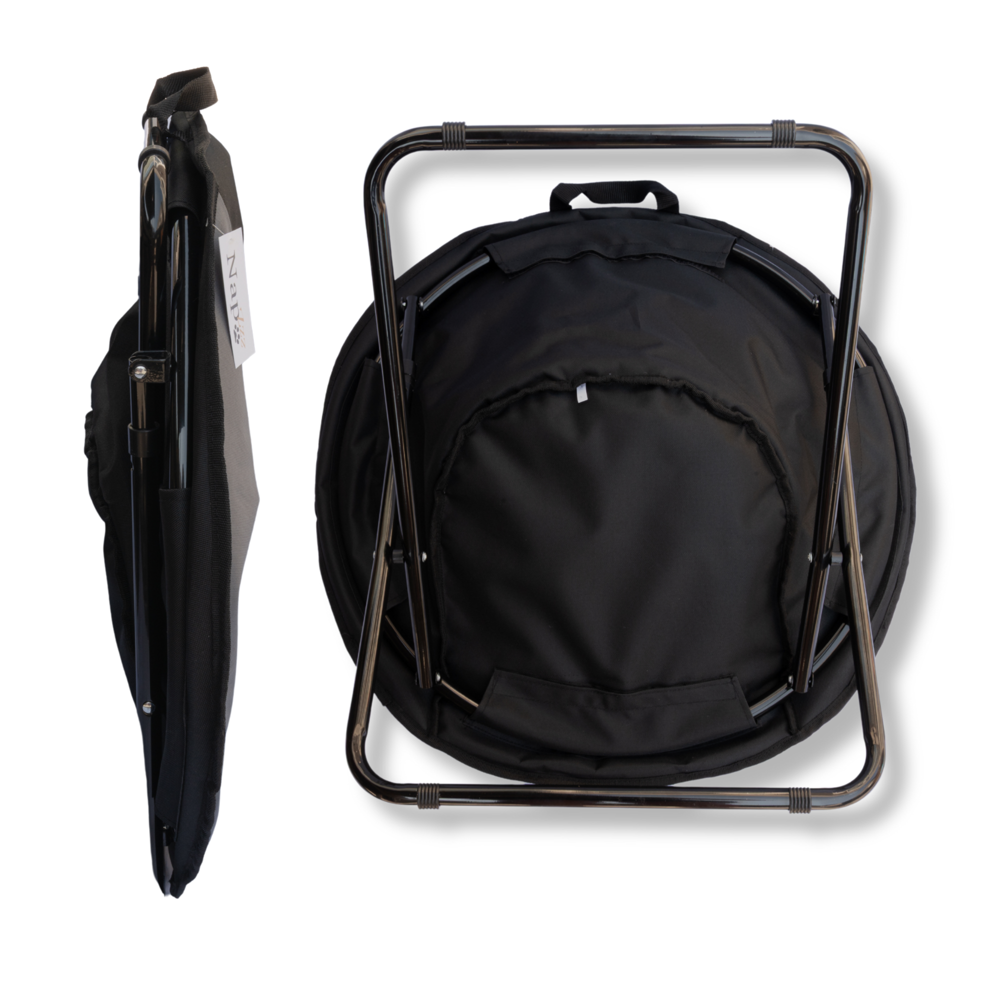 Napzzz stoel voor huisdieren, in bovenaanzicht en inklapt zijwaarts, geschikt voor kleine huisdieren zoals hond of kat. Inklapbaar en voorzien van waterafstotende stof. Met metalen frame en anti slip details.