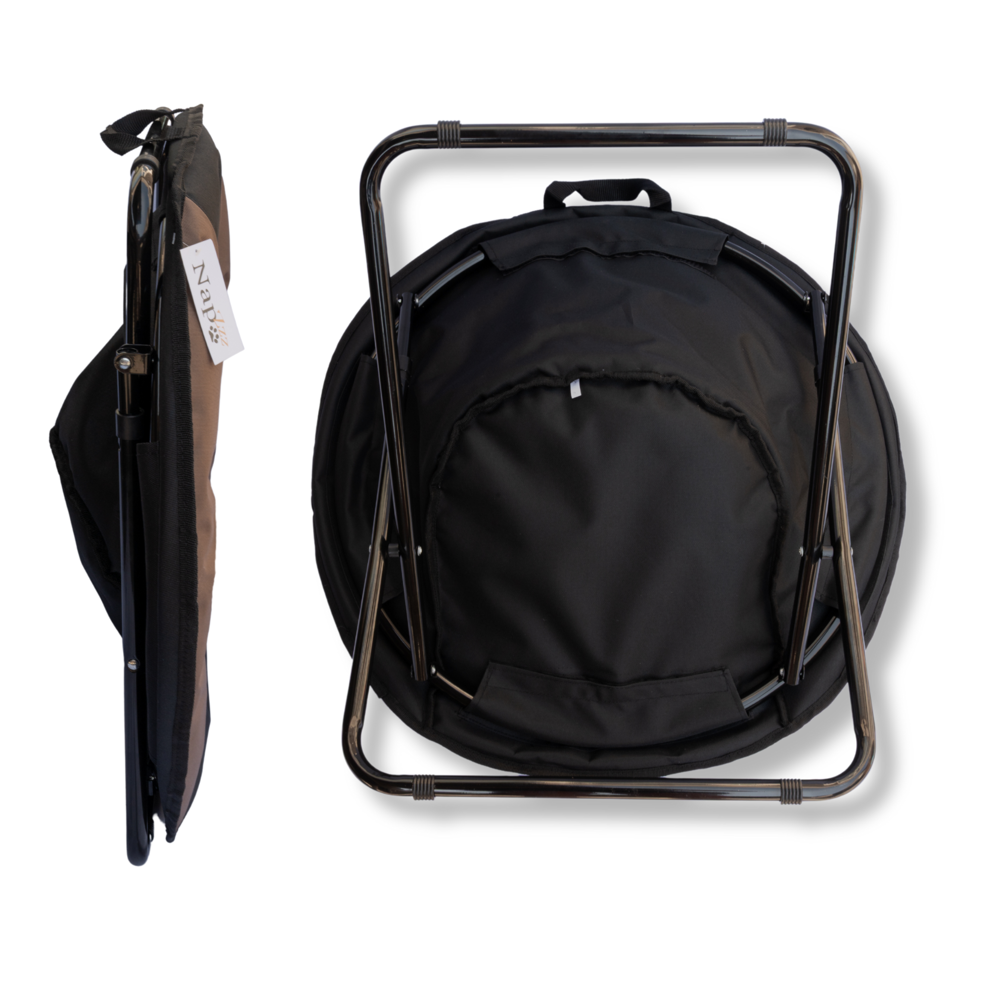 Napzzz stoel in de kleurencombinatie zwart taupe gezien van onderkant en zijaanzicht voor kleine huisdieren zoals hond of kat. Inklapbaar en voorzien van waterafstotende stof. Met metalen frame en anti slip details.